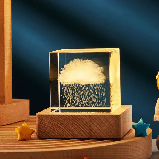 3D transparent crystal cube night lamp with warm light patterns on glass, 40mm and 60mm sizes