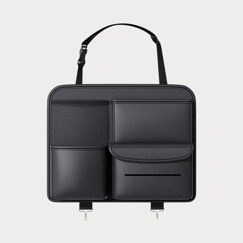 Black leather car seat back storage hanging bag with carrying handle