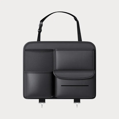 Black leather car seat back storage hanging bag with carrying handle