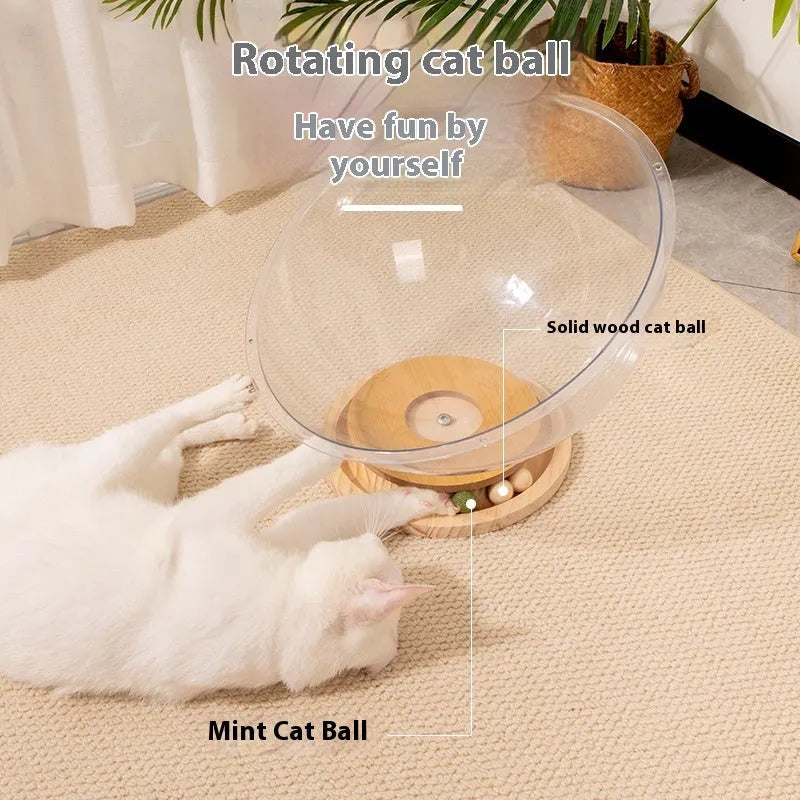 Transparent acrylic space capsule cat bed on a turntable base for cats.