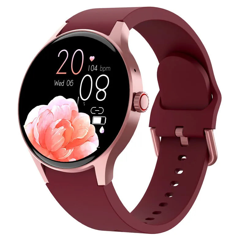 46mm smart Bluetooth sport watch with round colour touchscreen on wrist, shown in black, blue, pink, or red.