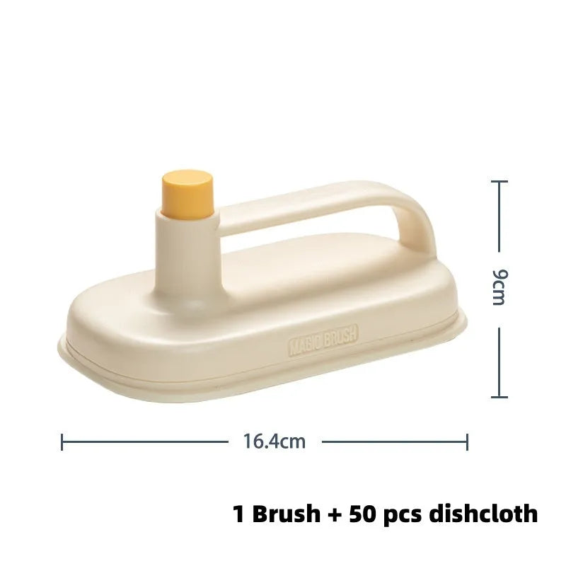 Magic disposable cleaning brush with handle, storage box, and pack of 50 white non-woven cloths for bathroom and kitchen cleaning.