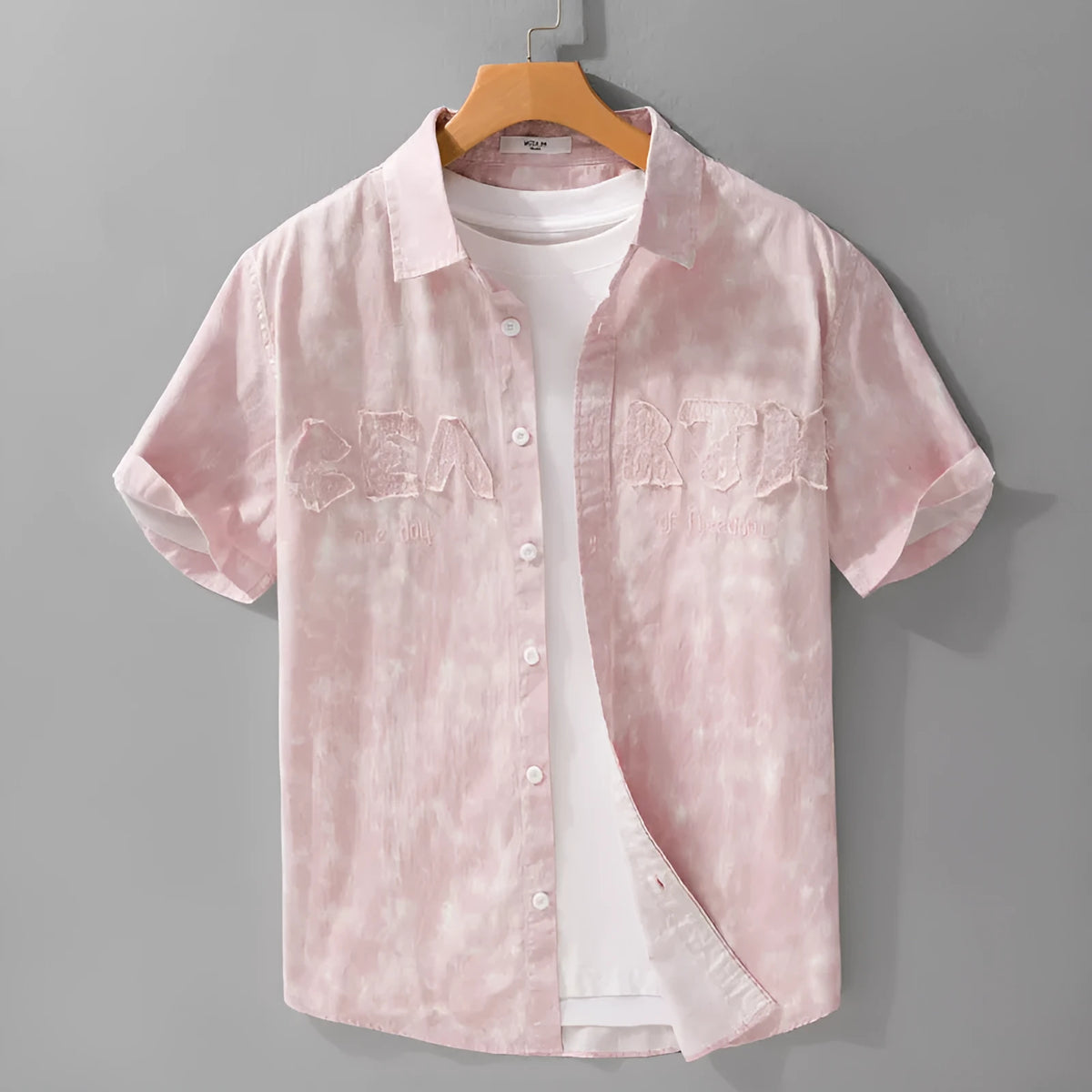 Men's grey white cotton short-sleeve cardigan with hanging dyed printed pattern, loose fit