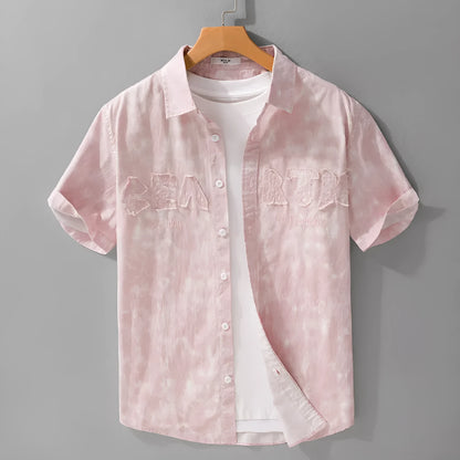 Men's grey white cotton short-sleeve cardigan with hanging dyed printed pattern, loose fit