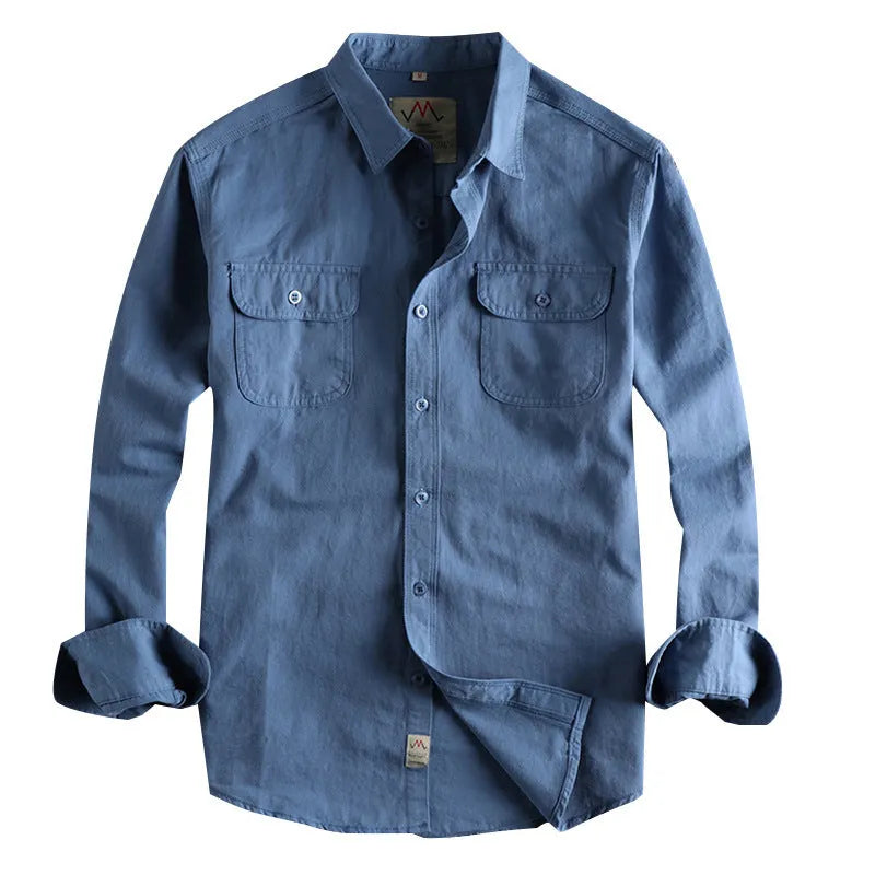 Men's retro British style cotton cardigan shirt in solid white or light blue with long sleeves