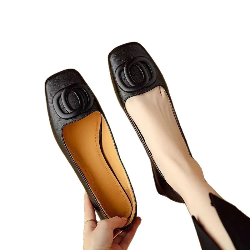 Women's shallow mouth pumps in light brown or black with mid chunky heel, square toe and buckle