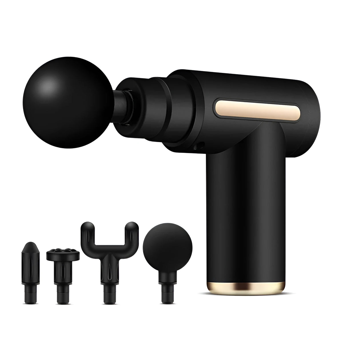 Black electric muscle massage gun with four different coloured massage heads on a grey background.