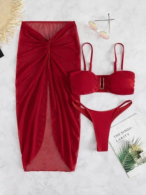 Women's multicolour French-style bikini three-piece set featuring a long culotte skirt.
