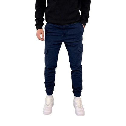 Men's loose-fit straight-leg polyester trousers in Army Green with elastic waistband and patch pockets
