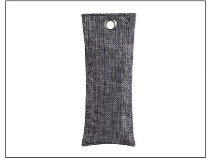Set of black, green, grey, and blue rectangular bamboo charcoal deodorising bags on a white surface.