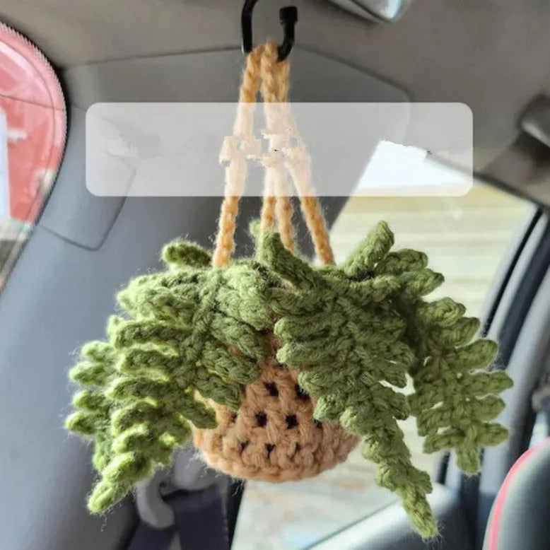 Green and white fishing style car plant decoration with 8cm base and 25cm hanging rope
