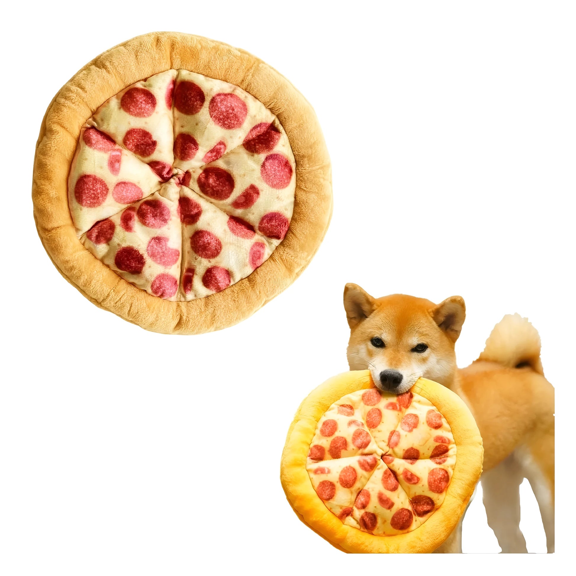 Yellow pizza slice dog chewing toy with teddy bear texture and squeaker