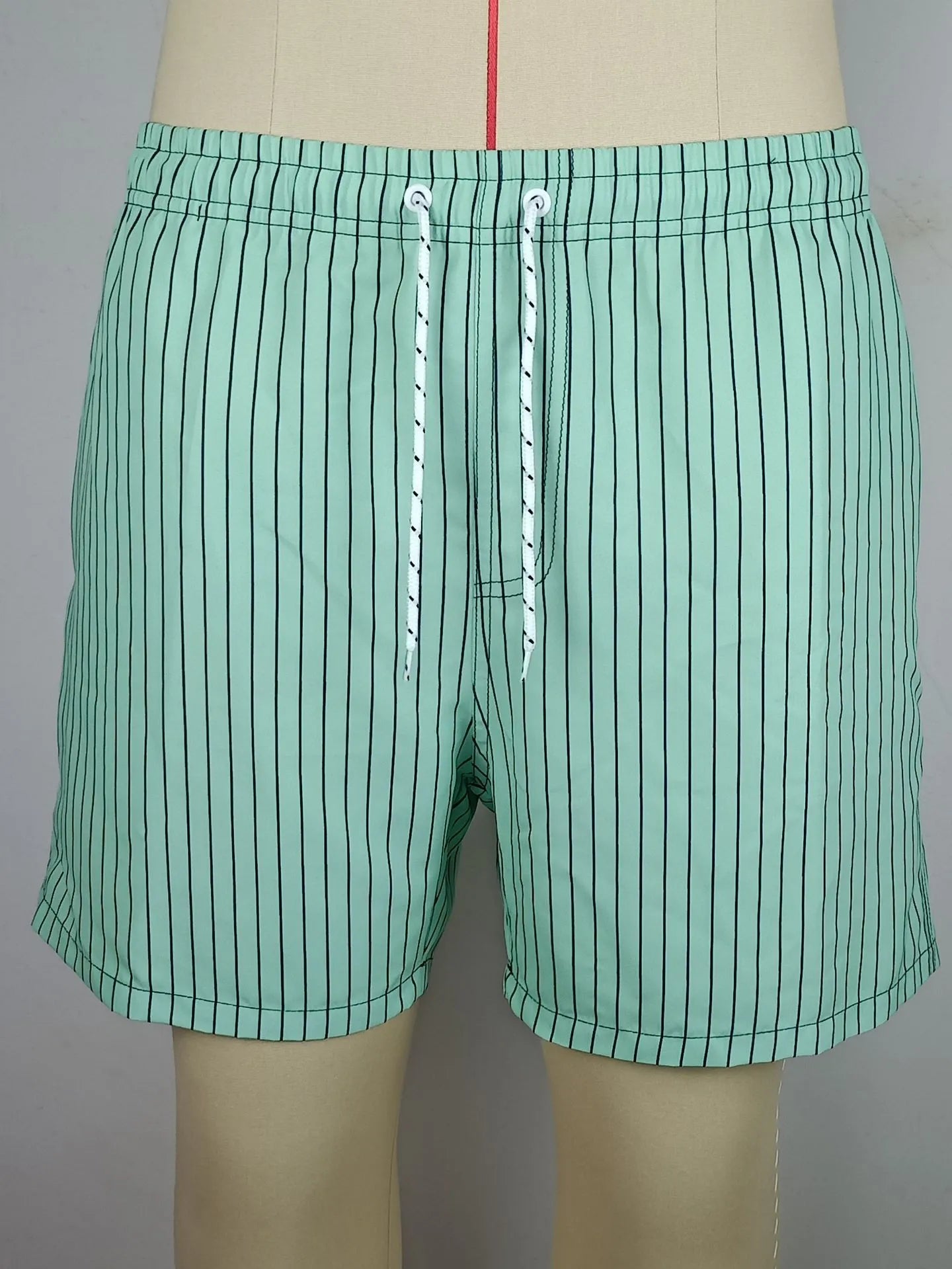 Men's navy blue striped casual shorts with a straight leg opening and triangle lining laid flat.