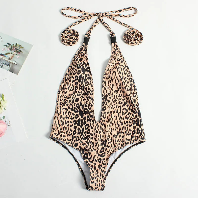 Women's leopard print bandage one-piece swimsuit with backless design for swimming
