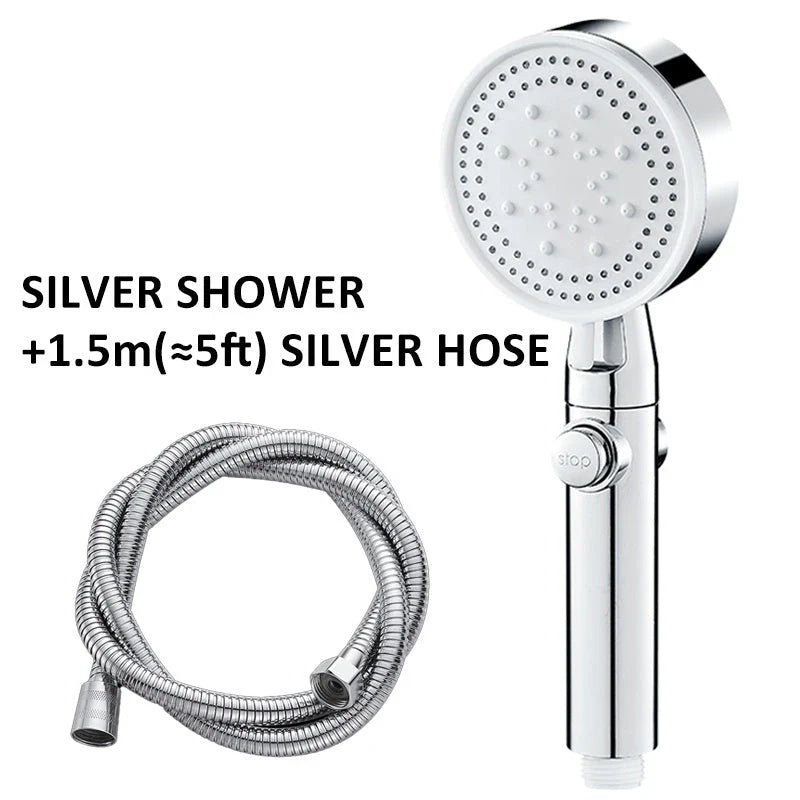 Premium 5-speed pressurized shower head with large water output, ABS construction, and modern minimalist design