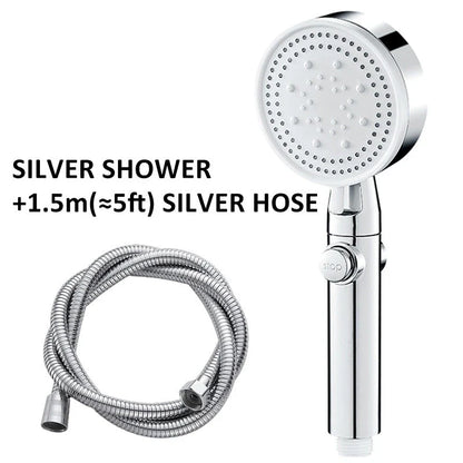 Premium 5-speed pressurized shower head with large water output, ABS construction, and modern minimalist design