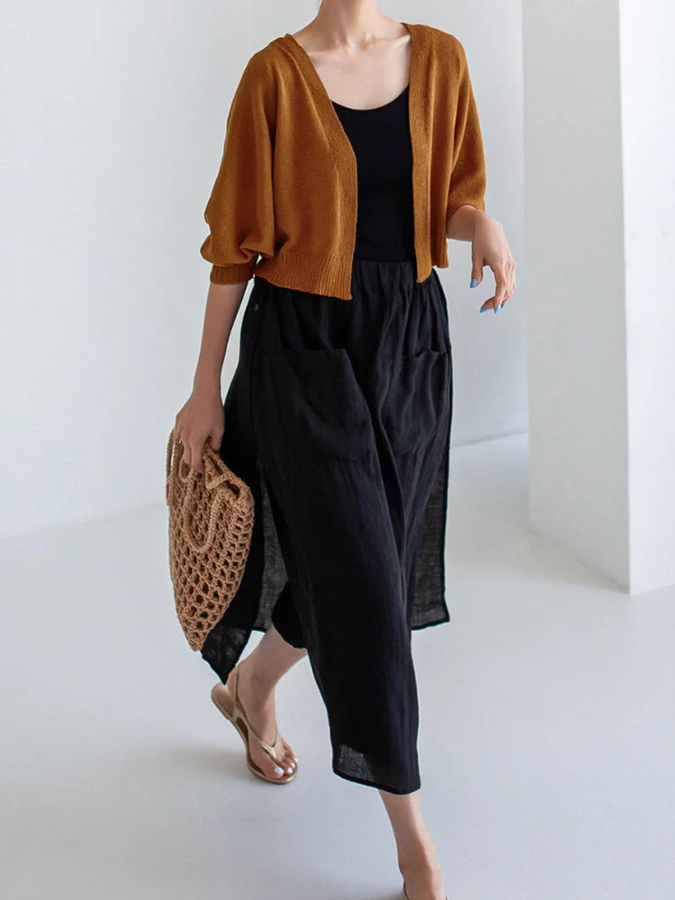 Elegant linen wide-leg culottes with double pockets in various colours and sizes
