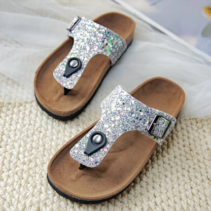 Cork flip-flops with frosted PVC sole and artificial leather upper in pink, silver, and gold colours