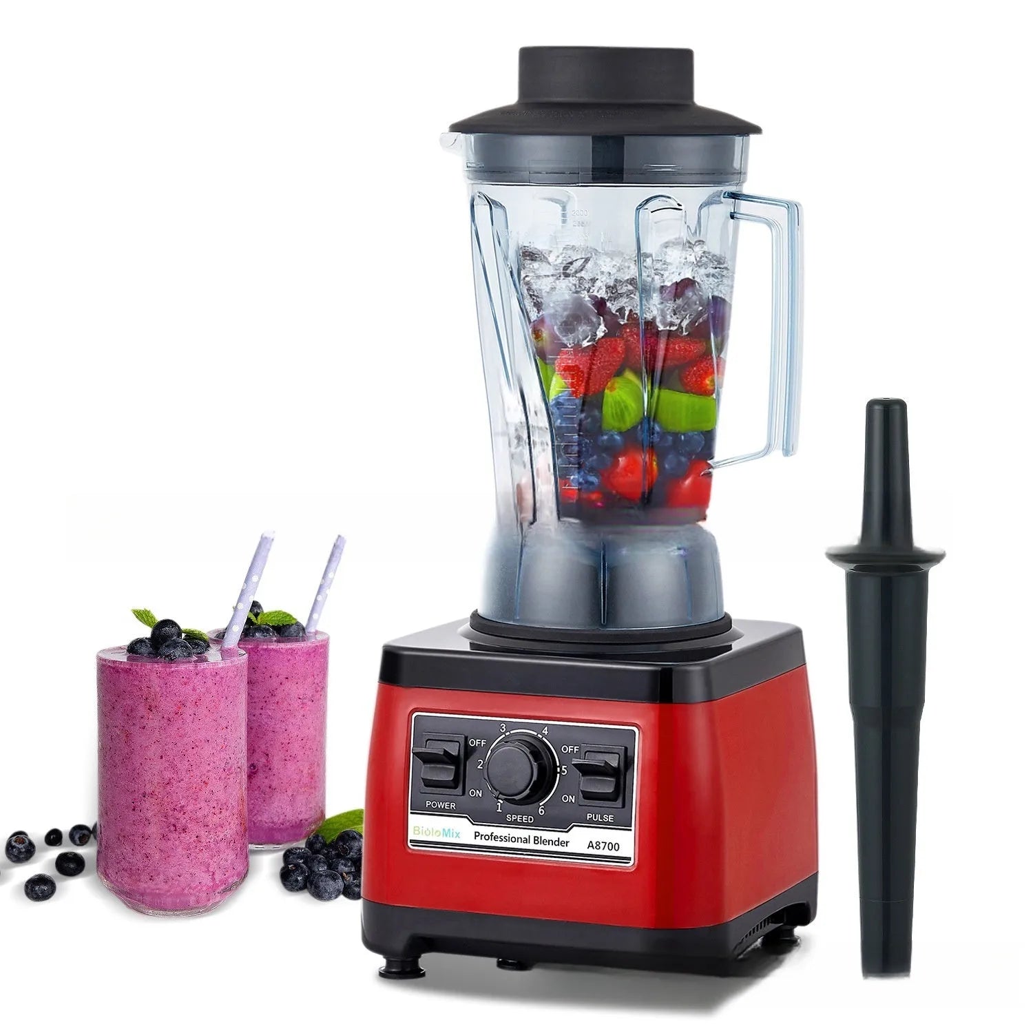 Red industrial-style commercial blender with a 2-litre jug, model A8700.