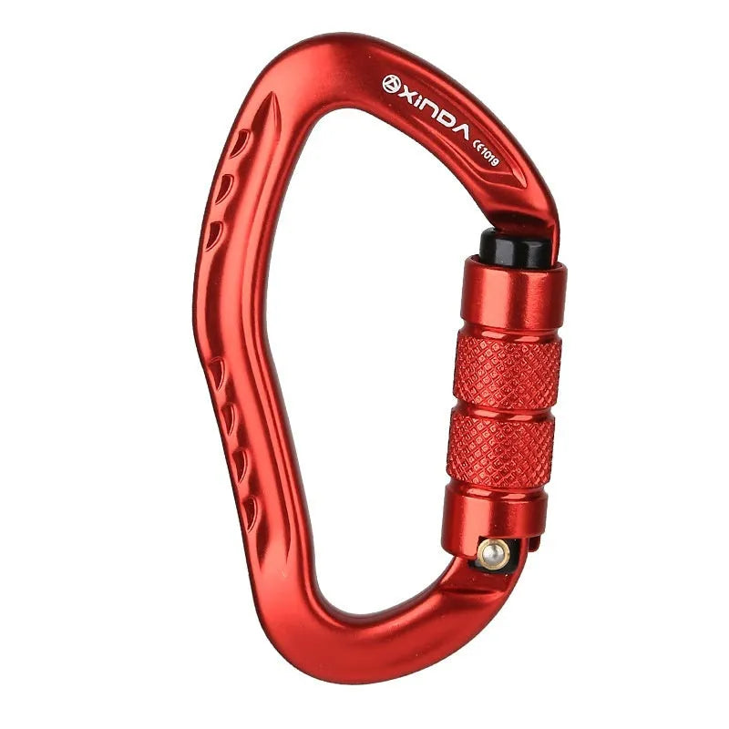 Automatic locking metal climbing carabiner with a manual safety screw on the gate, shown in silver finish.