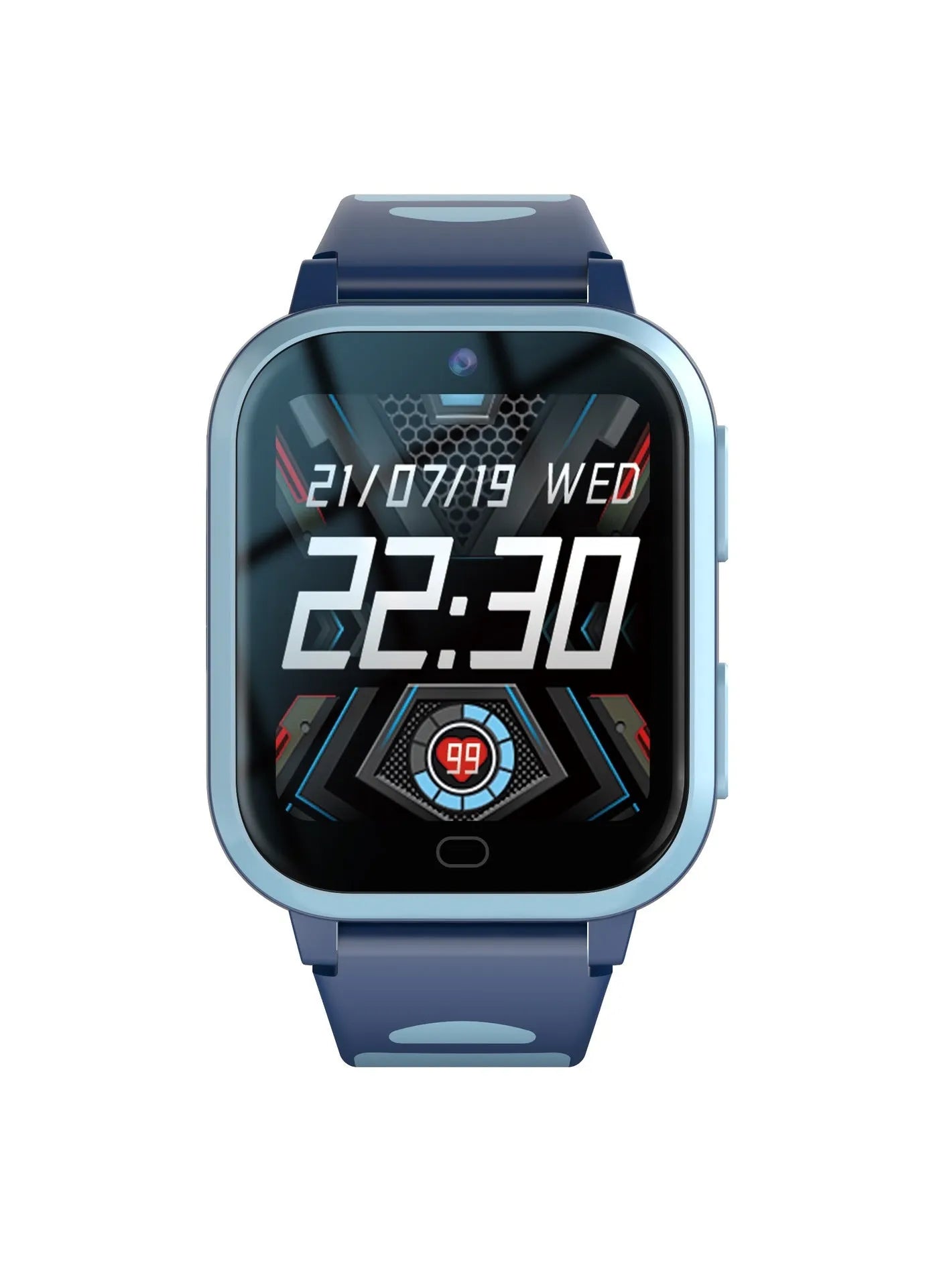 Child's smartwatch with colour screen on a wrist strap, shown in black, blue, and pink colour options.