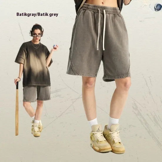 Men's batik washed cotton terry shorts in loose fit with patch craft details