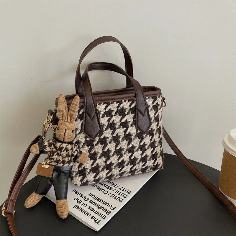 Premium houndstooth and plaid crossbody bags with stylish patterns, comfortable wool material, and versatile design