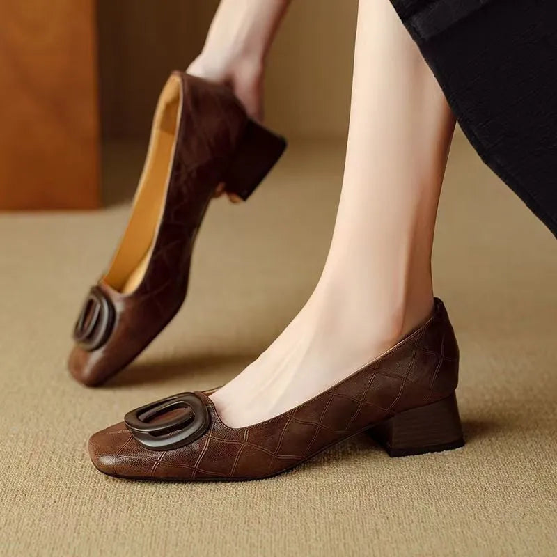 Women's shallow mouth pumps in light brown or black with mid chunky heel, square toe and buckle