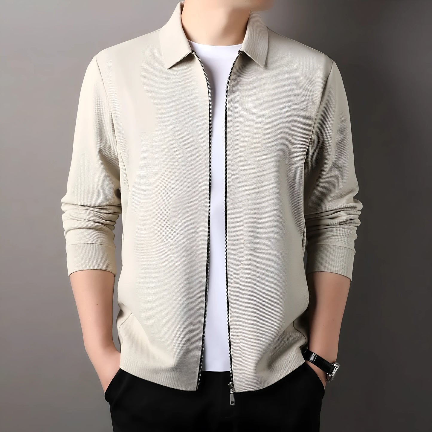 Men's straight hem jacket in black, dark grey, or apricot with regular sleeves and business-casual styling
