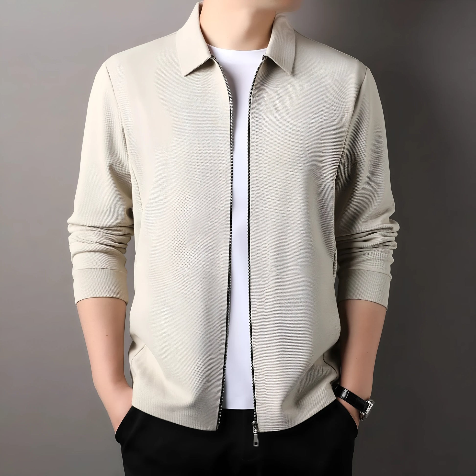 Men's straight hem jacket in black, dark grey, or apricot with regular sleeves and business-casual styling