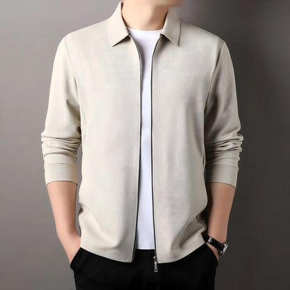 Men's straight hem jacket in black, dark grey, or apricot with regular sleeves and business-casual styling