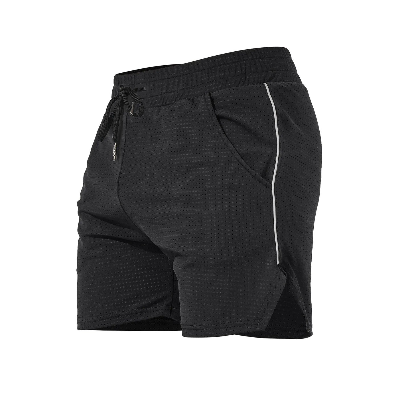 Men's black polyester sports casual shorts with a straight-leg cut on a grey background.