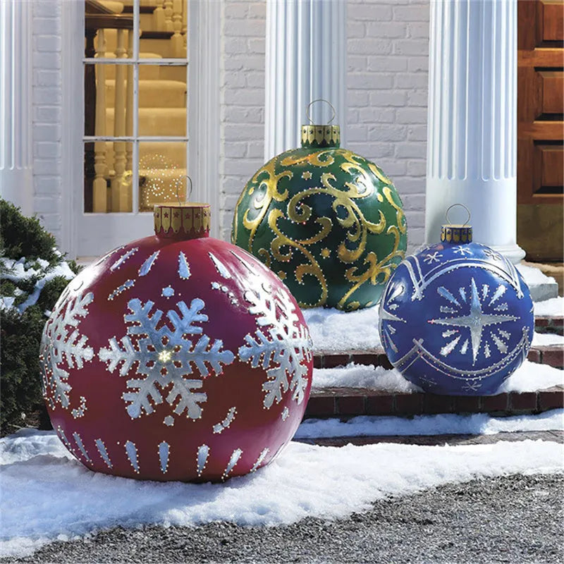 Large 60cm inflatable PVC Christmas decoration ball in bright colours for outdoor garden or tree display.