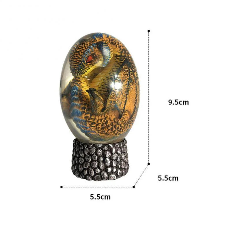 A lifelike resin dragon egg ornament with a crystal-clear, transparent design, sitting on a glowing lava-style base.