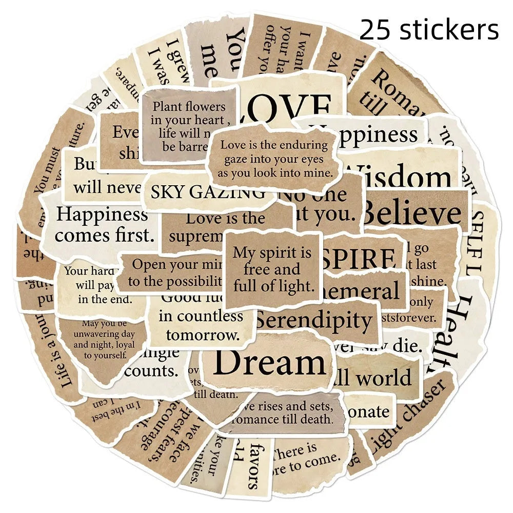 25 torn English text decorative stickers on PVC material with matte and bright film finishes, each measuring 4-7cm