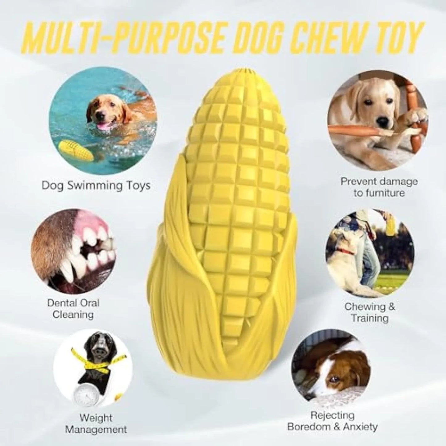 Blue and yellow corn-shaped dog chew toy with textured surface and squeaker for medium large breed dogs