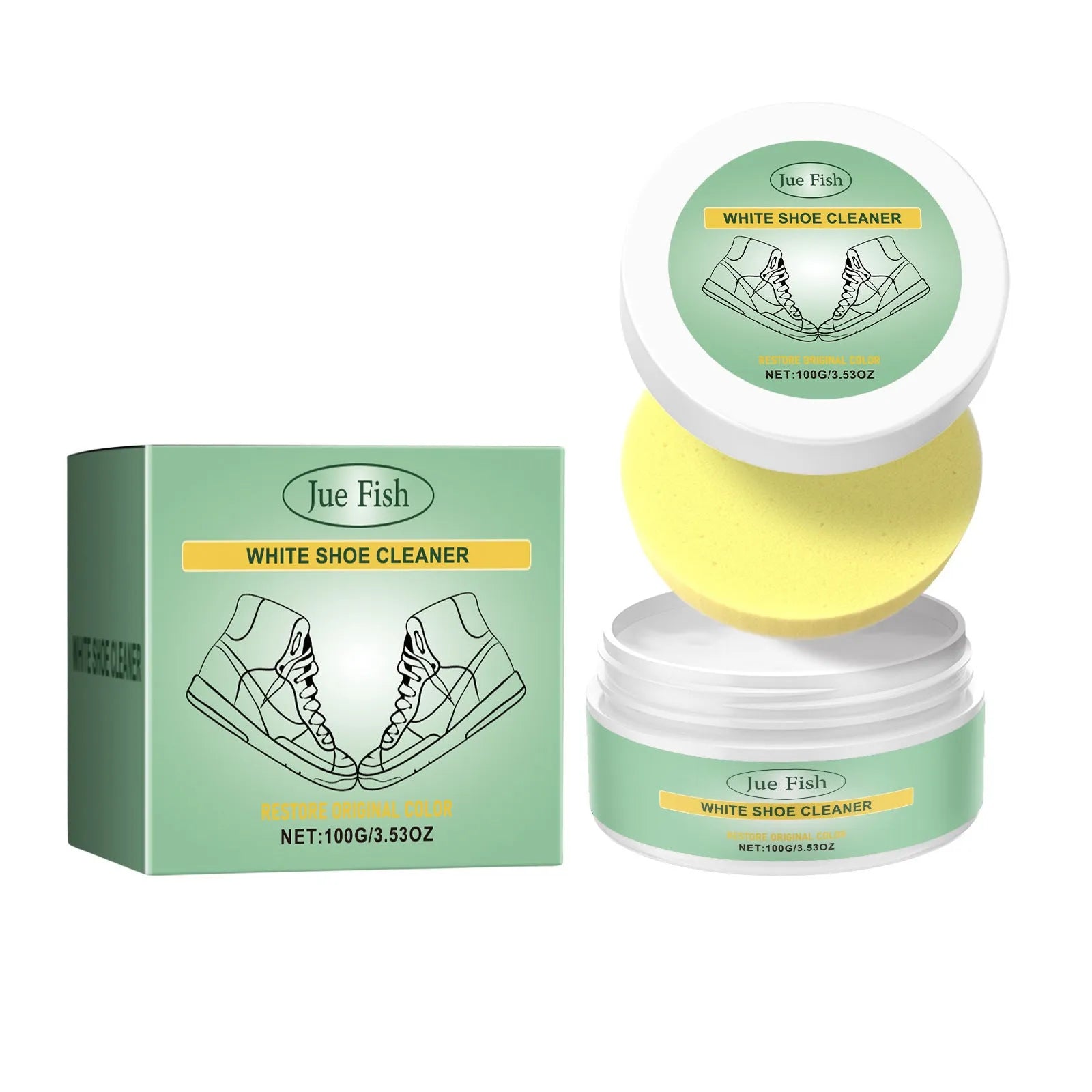 White disposable shoe cleaning cream kit showing 100g tube and sponge applicator