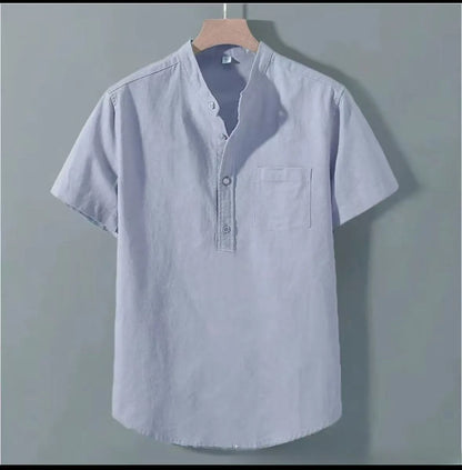 Men's casual beige linen-cotton shirt with stand collar and short sleeves on a hanger