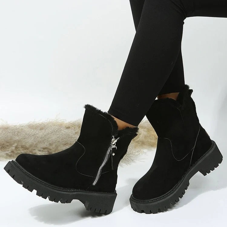 Women's snow boots with foldable plush tube and side zipper in black and khaki