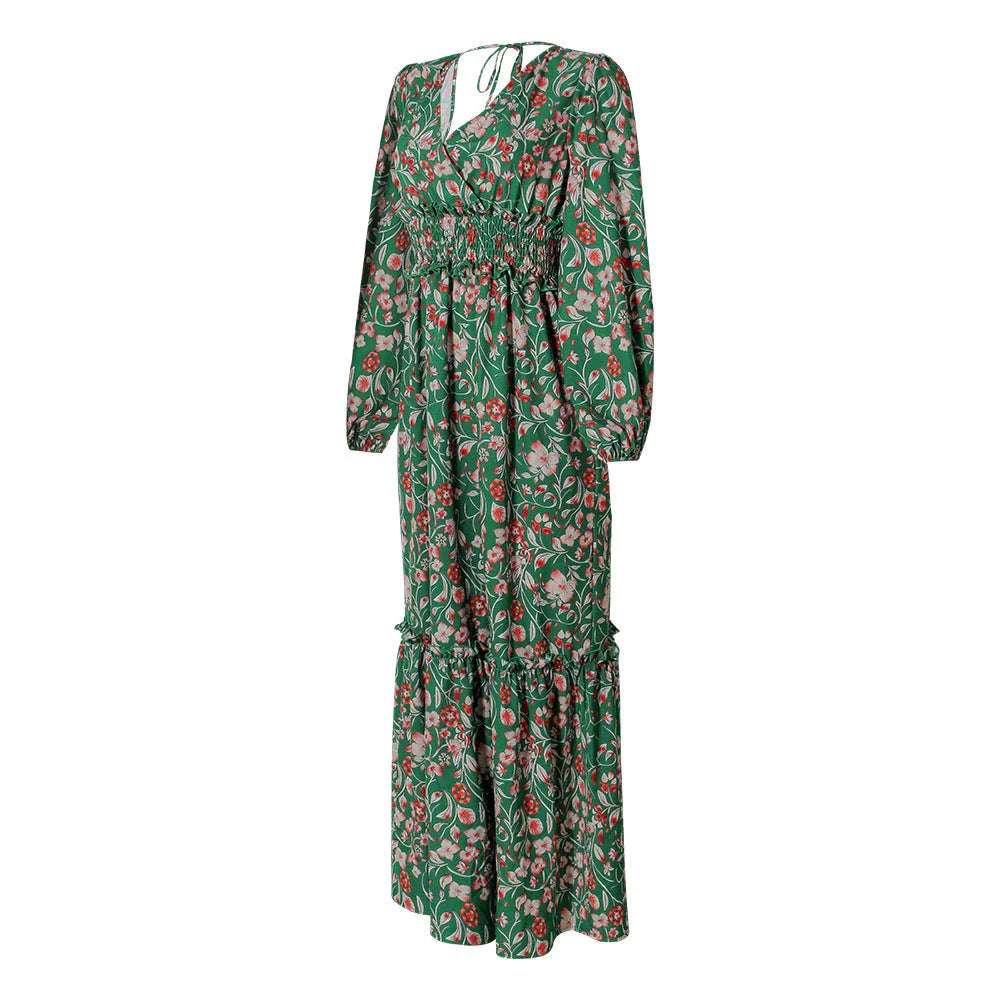 Elegant green printed halter dress with flared sleeves, made of high-quality polyester fabric