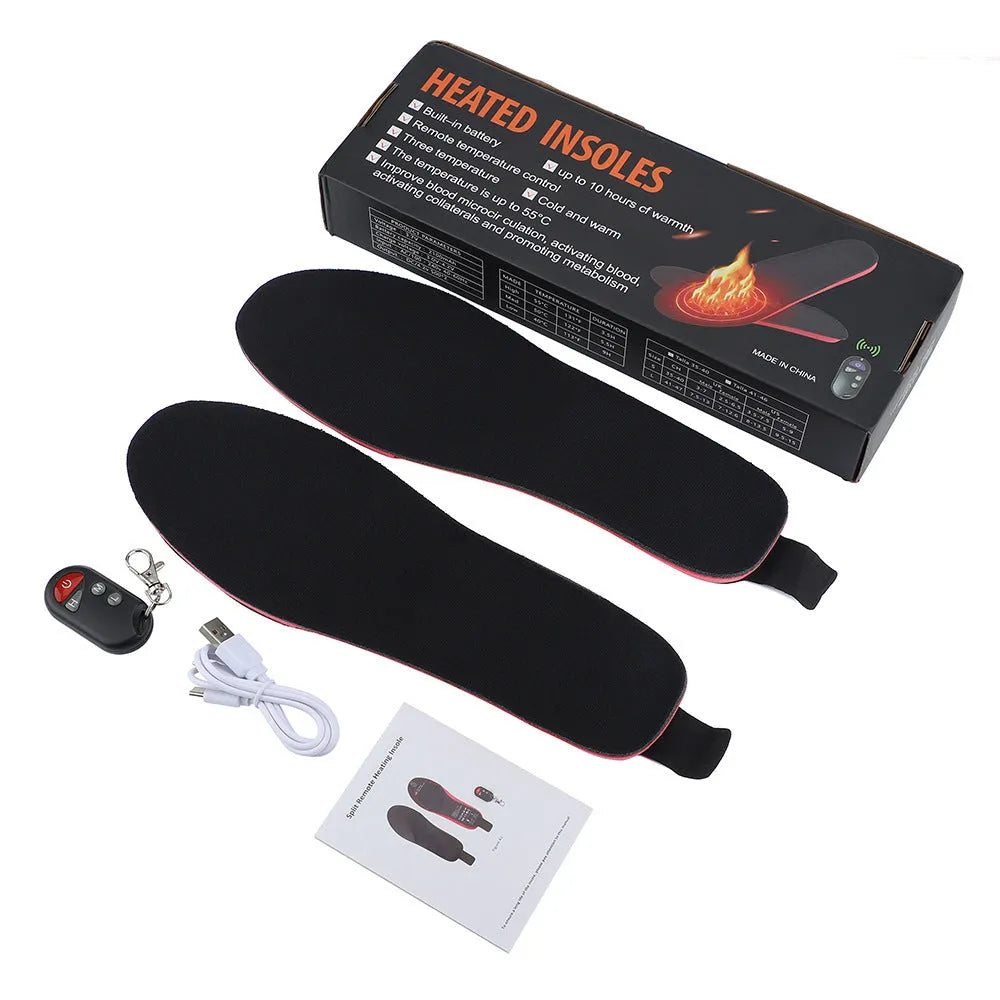 Rechargeable heated boot insoles with remote control and cable, shown on a white background.