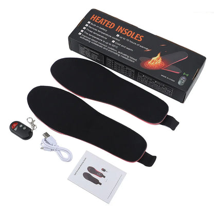 Rechargeable heated boot insoles with remote control and cable, shown on a white background.