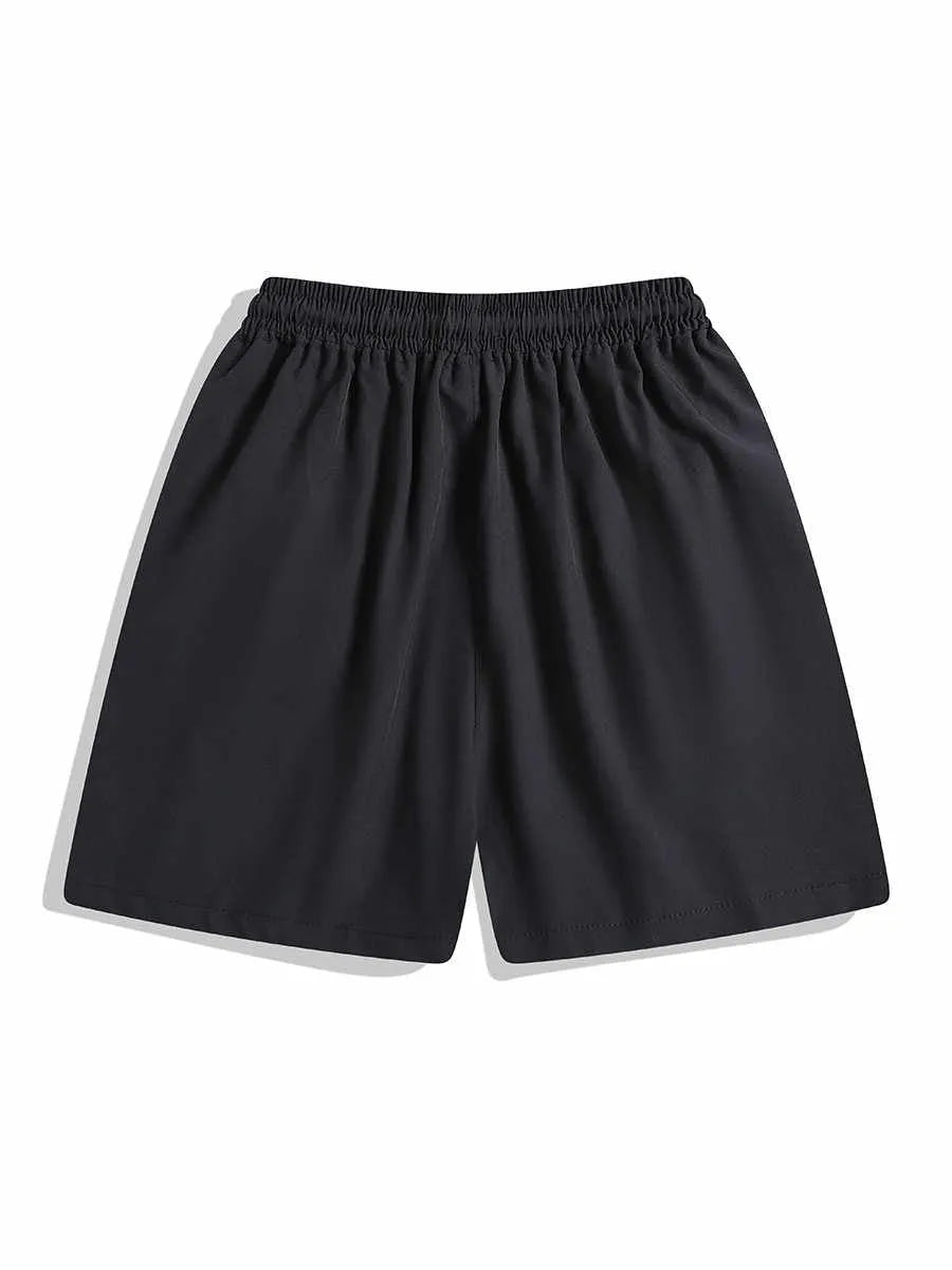 Loose-fit black sports shorts with elastic waistband and straight-leg cut for athletic wear