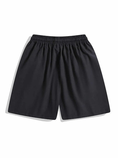 Loose-fit black sports shorts with elastic waistband and straight-leg cut for athletic wear