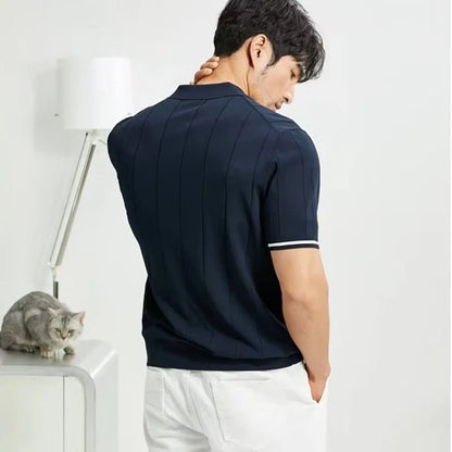 Men's stylish summer polo shirt with lapel zipper in white and dark blue