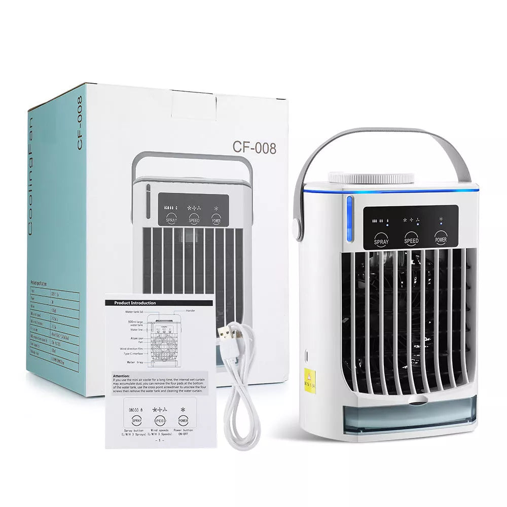 Compact USB-powered mini air cooler with humidification spray, bladeless design for safety
