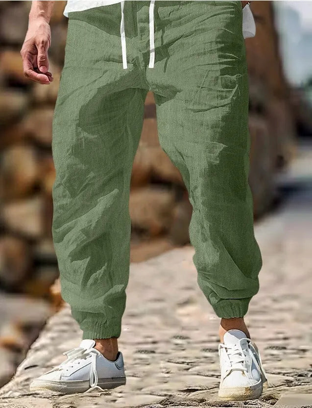 Men's straight-leg cotton trousers with elastic waist in seven colours, sizes S to XXXL for summer wear