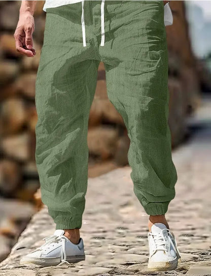 Men's straight-leg cotton trousers with elastic waist in seven colours, sizes S to XXXL for summer wear