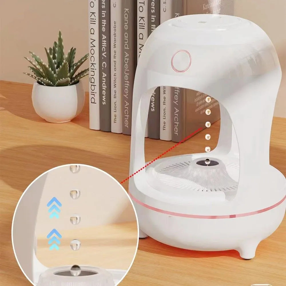 Anti gravity levitating water drops humidifier in columnar shape with LED night light and ultrasonic mist output