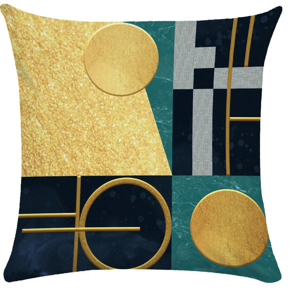 Geometric pattern throw pillow on office sofa showing 45x45cm size with ultra-flexible printing